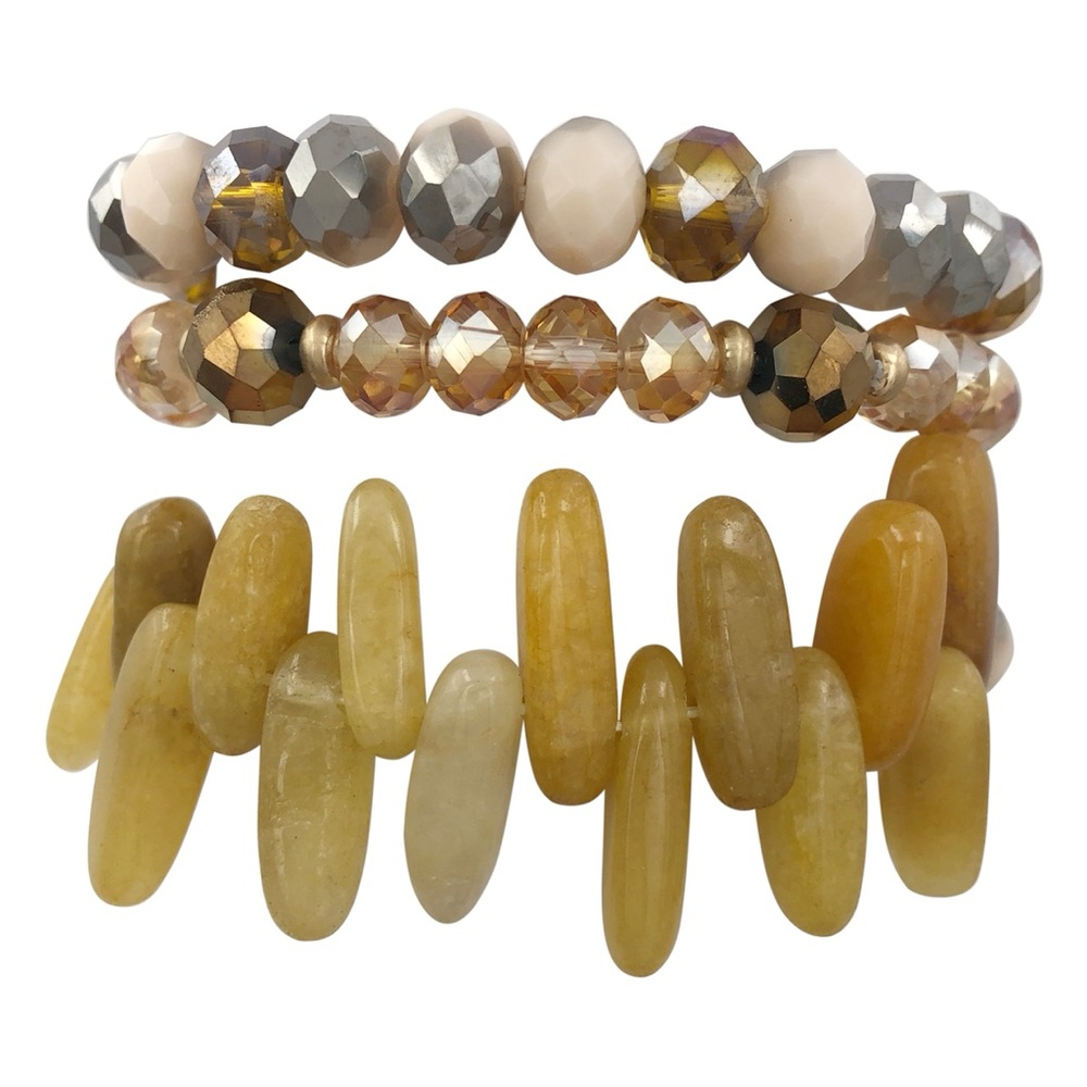 3 Row Glass & Stone Layered Beaded Stretch Bracelets
